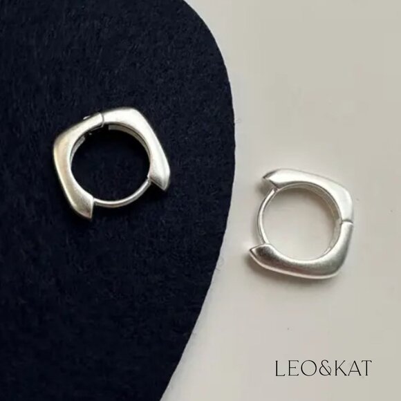 Frosted Silver Geometric Hoop Earrings. 925 Sterling Silver. #1112 - Picture 3 of 4